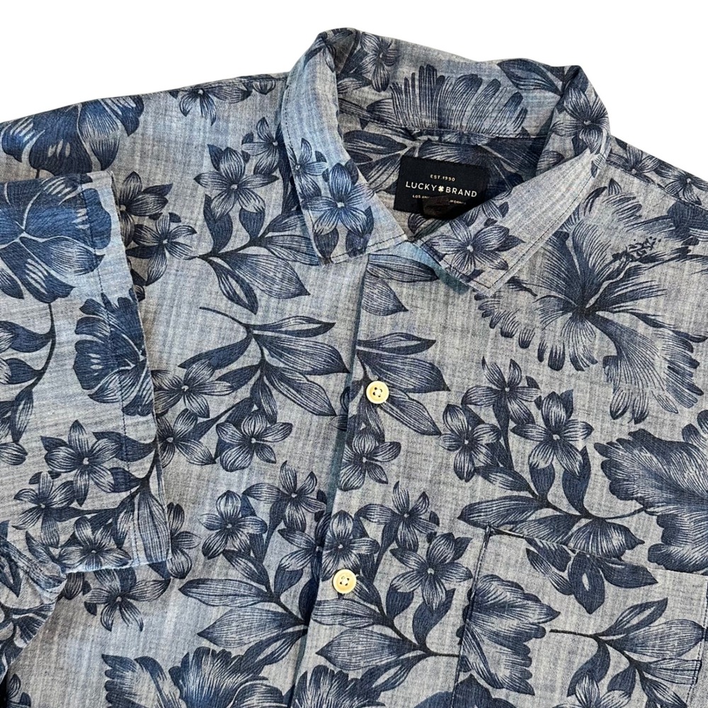 Lucky Brand Mens XL Blue Floral Hibiscus Short Sleeve Button Down Shirt Tropical